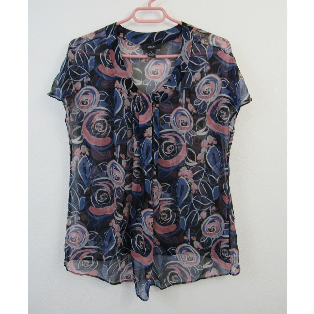 Alfani Black Silk Abstract Floral Print Sheer Capped Sleeve Blouse Size 12